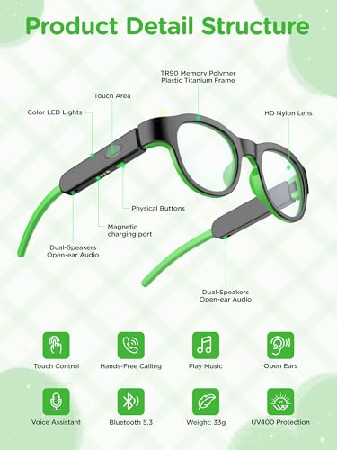 Kids Blue Light Glasses with Bluetooth Audio,Smart glasses,RGB 7-color light, Kids Smart Glasses Gifts (Black)