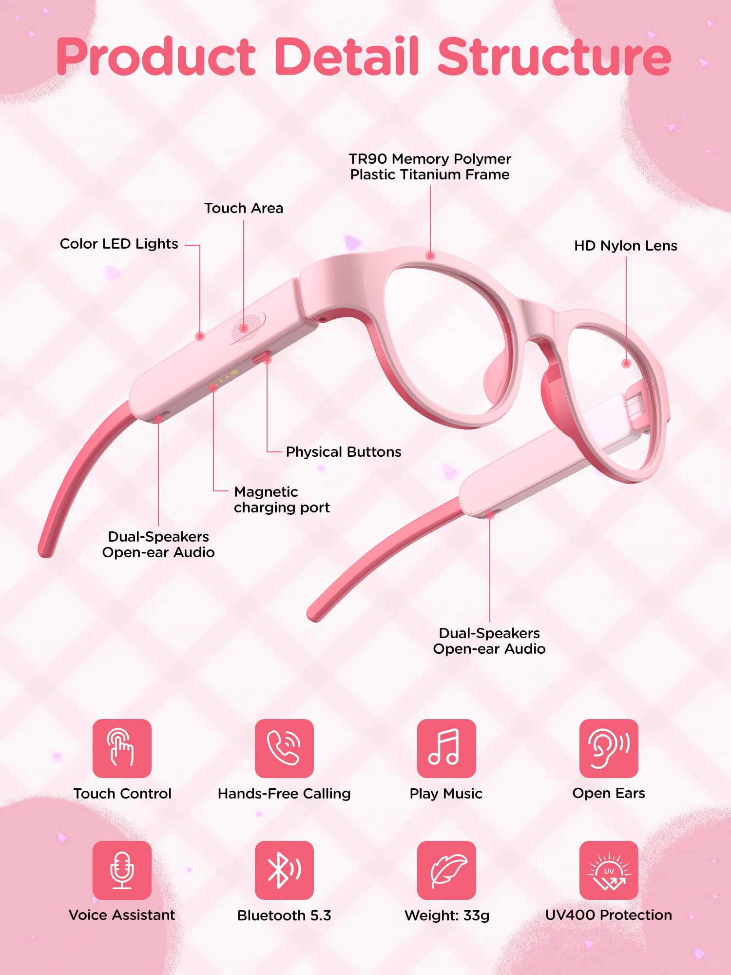 Kids Smart Glasses with LED Lights, Bluetooth 5.4 Open-Ear Audio, Touch Control, Magnetic Charging, Ages 6-12 (Pink)