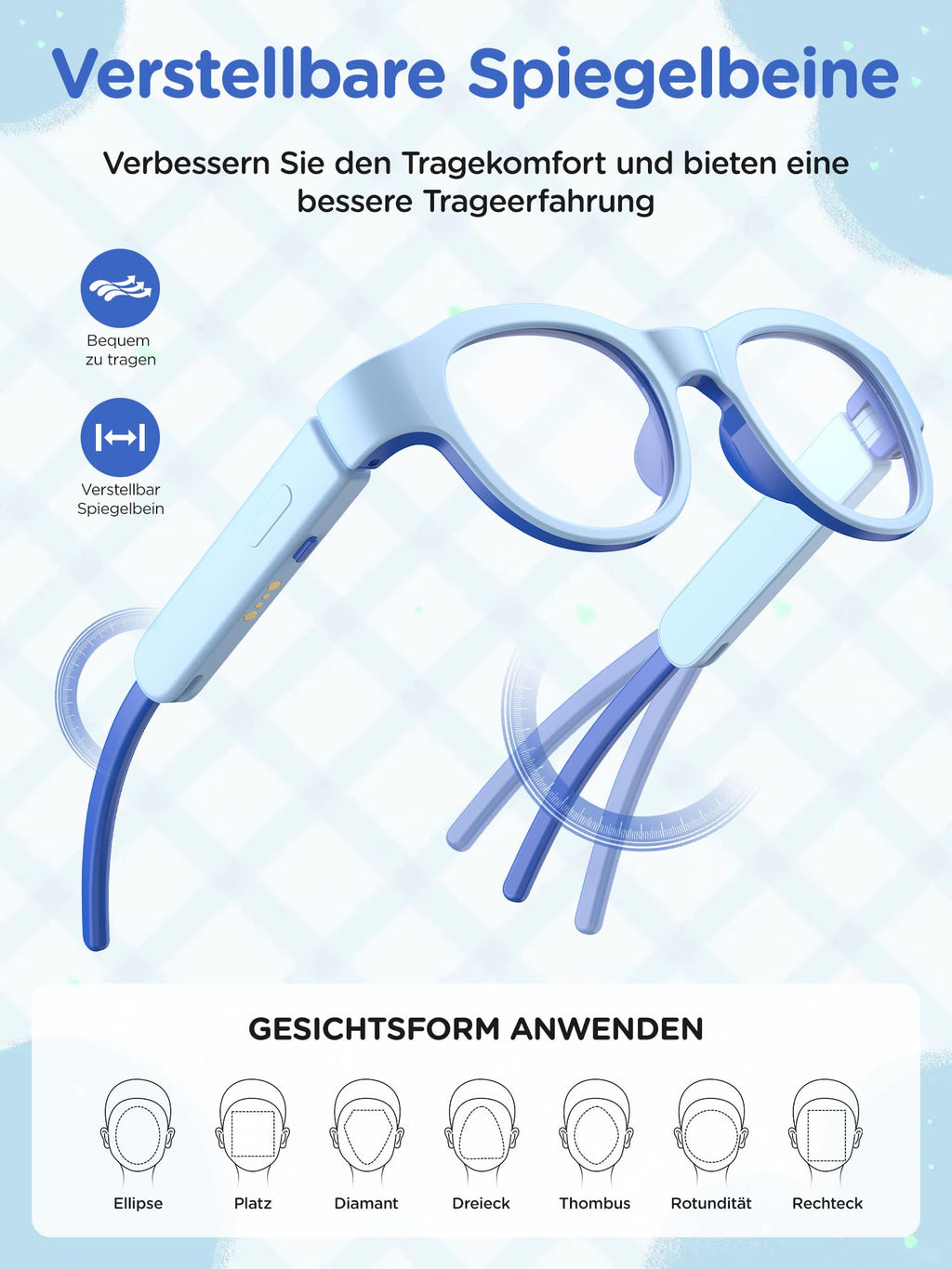 Kids Blue Light Glasses with Bluetooth Audio, Open-Frame Directional Stereo Sound, IPX4 Waterproof Smart glasses for Boys,RGB 7-color light , Kids Smart Glasses Birthday Gifts for Aged 6-12 (blue)