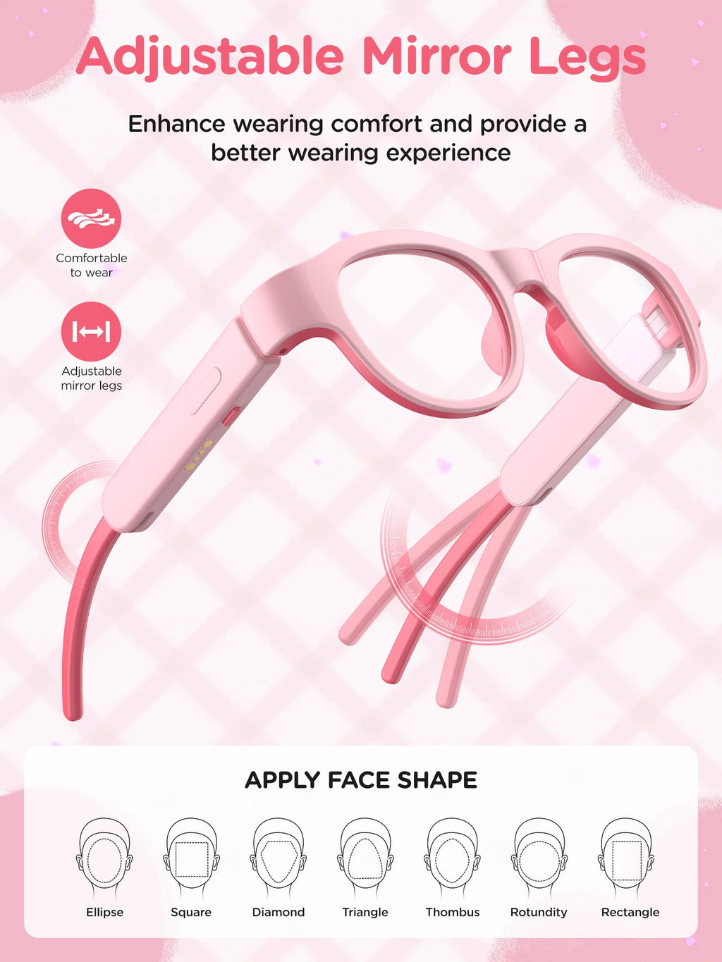 Kids Smart Glasses with LED Lights, Bluetooth 5.4 Open-Ear Audio, Touch Control, Magnetic Charging, Ages 6-12 (Pink)