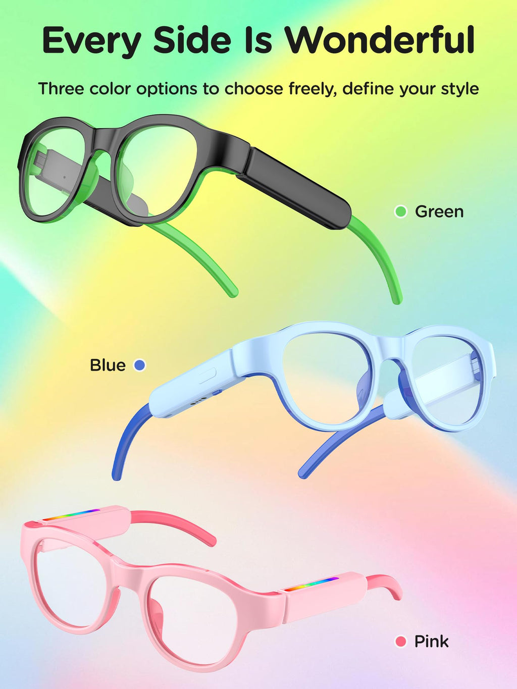 Kids Smart Glasses with LED Lights, Bluetooth 5.4 Open-Ear Audio, Touch Control, Magnetic Charging, Ages 6-12 (Pink)