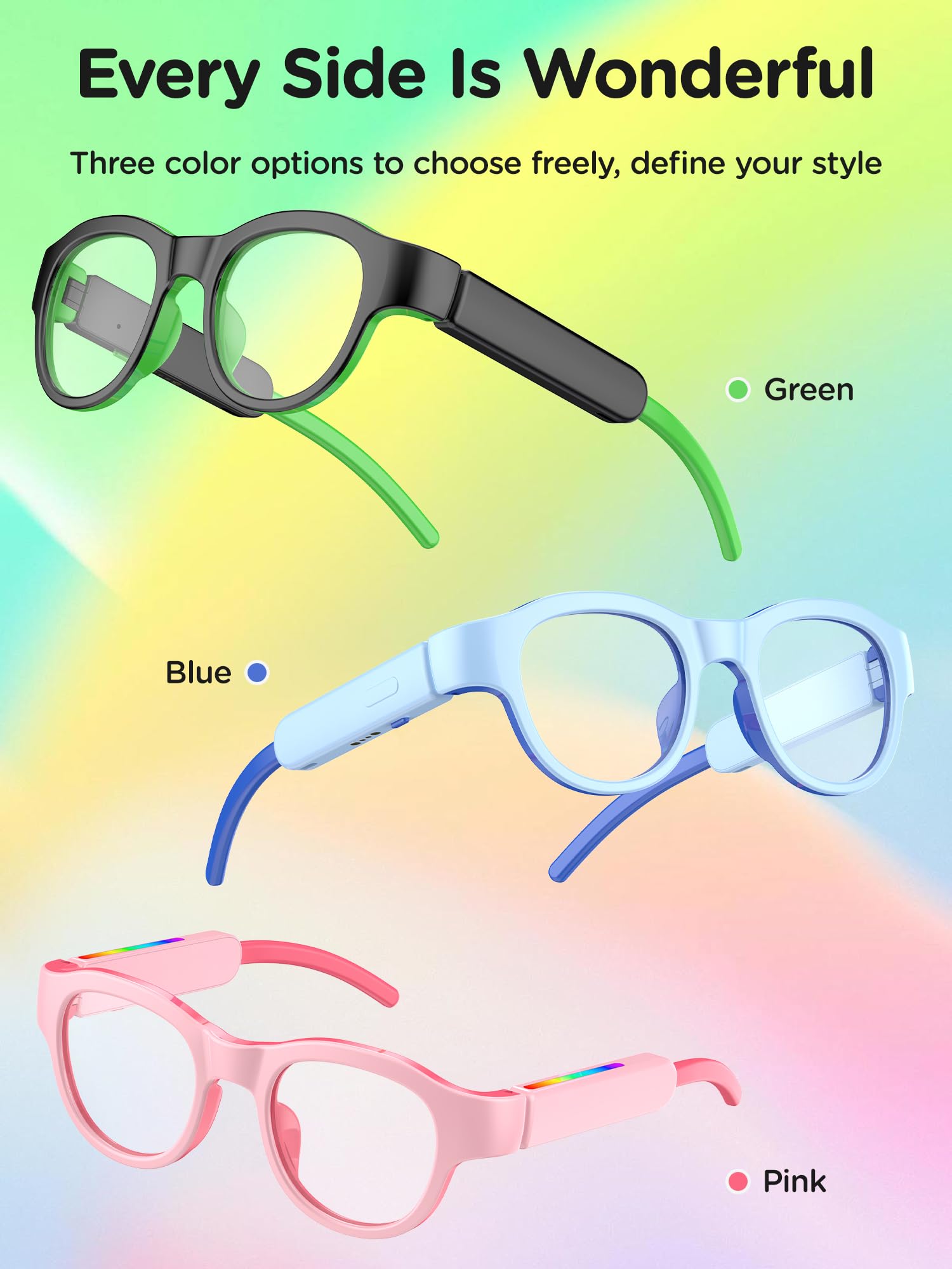 Kids Smart Glasses with LED Lights, Bluetooth 5.4 Open-Ear Audio, Touch Control, Magnetic Charging, Ages 6-12 (Pink)