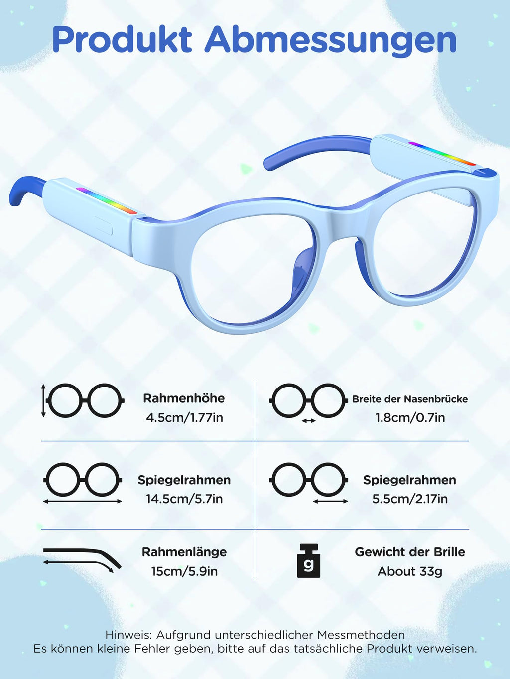 Kids Blue Light Glasses with Bluetooth Audio, Open-Frame Directional Stereo Sound, IPX4 Waterproof Smart glasses for Boys,RGB 7-color light , Kids Smart Glasses Birthday Gifts for Aged 6-12 (blue)