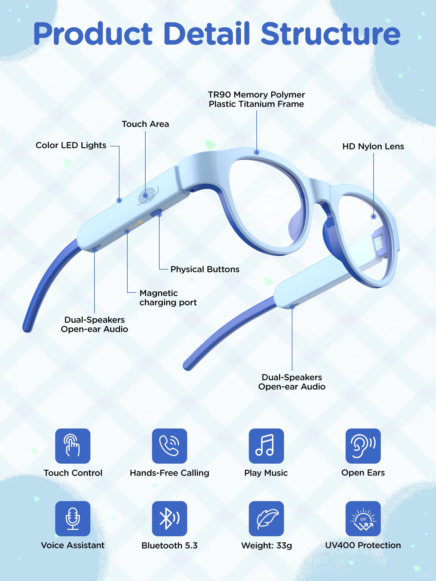 Kids Smart Glasses with LED Lights, Bluetooth 5.4 Open-Ear Audio, Touch Control, Magnetic Charging, Ages 6-12 (Pink)