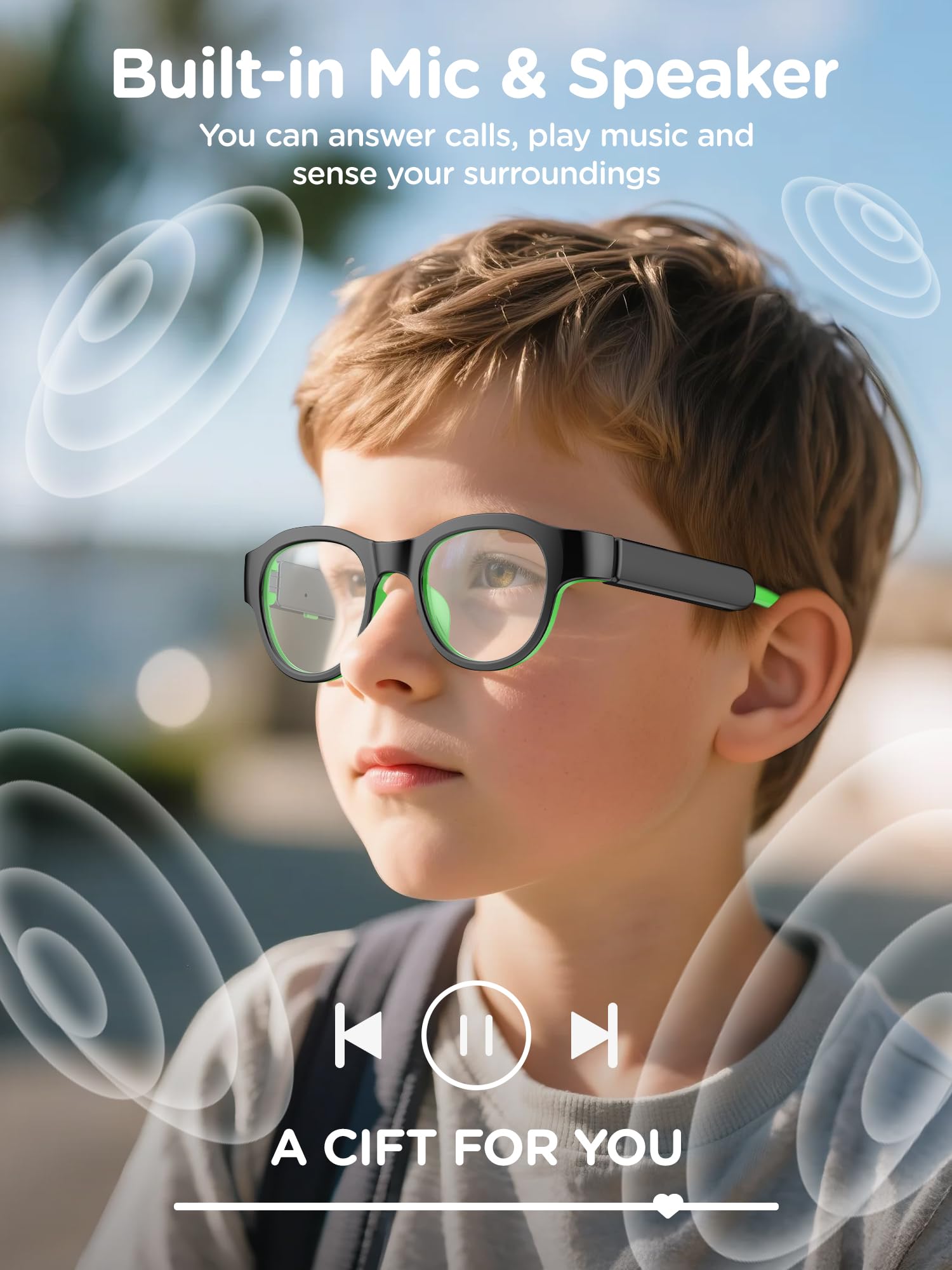 Kids Blue Light Glasses with Bluetooth Audio, Open-Frame Directional Stereo Sound, IPX4 Waterproof Smart glasses for Boys,RGB 7-color light , Kids Smart Glasses Birthday Gifts for Aged 6-12 (blue)