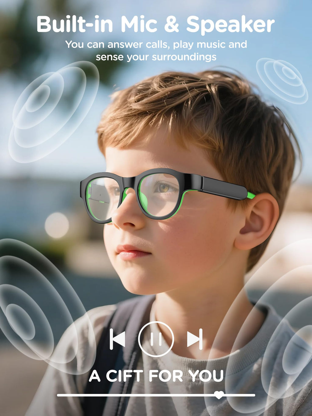 Kids Blue Light Glasses with Bluetooth Audio,Smart glasses,RGB 7-color light, Kids Smart Glasses Gifts (Black)