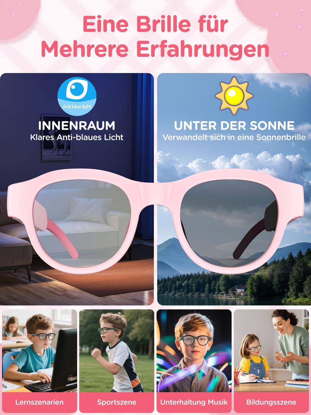 Kids Blue Light Glasses with Bluetooth Audio, Open-Frame Directional Stereo Sound, IPX4 Waterproof Smart glasses for Boys,RGB 7-color light , Kids Smart Glasses Birthday Gifts for Aged 6-12 (blue)