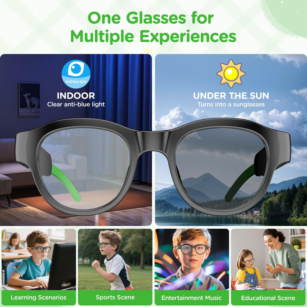 Kids Smart Sunglasses, Open-Ear Stereo Sound, Light up Glasses, Magnetic Charging, for Kids 6-12 Years, Gifts for Boys and Girls (Black)